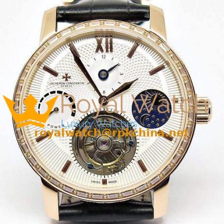 Replica Vacheron Constantin Patrimony Tourbillon Rose Gold & Diamonds White Dial Swiss Tourbillon