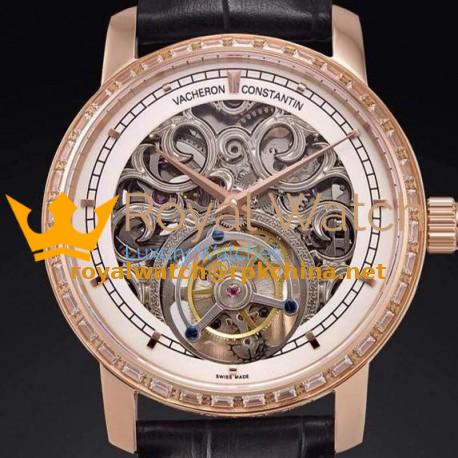 Replica Vacheron Constantin Patrimony Tourbillon Rose Gold & Diamonds Skeleton & White Dial Swiss Tourbillon