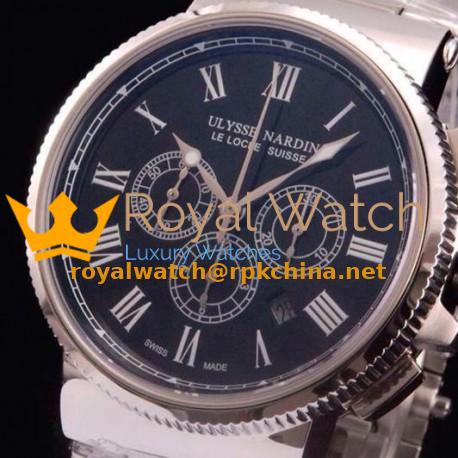 Replica Ulysse Nardin Marine Chronograph Stainless Steel Roman Numbers Black Dial Swiss 7750