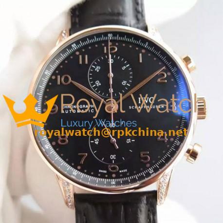 Replica IWC Portuguese Chronograph Rose Gold & Diamonds Black Dial Swiss 7750