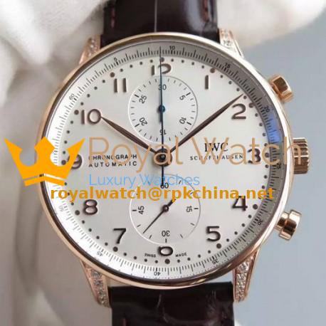 Replica IWC Portuguese Chronograph Rose Gold & Diamonds White Dial Swiss 7750