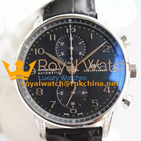 Replica IWC Portuguese Chronograph Stainless Steel & Diamonds Black Dial Swiss 7750