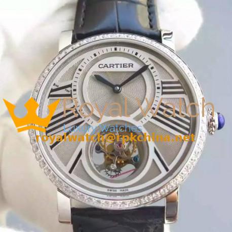 Replica Cartier Rotonde Tourbillon Stainless Steel & Diamonds White Dial Swiss Tourbillon
