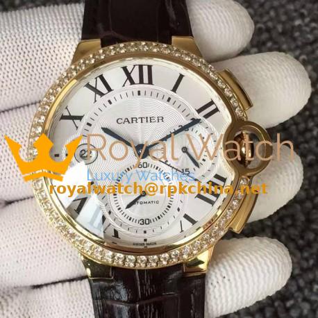 Replica Cartier Ballon Bleu Chronograph Yellow Gold & Diamonds White Dial Swiss 7750