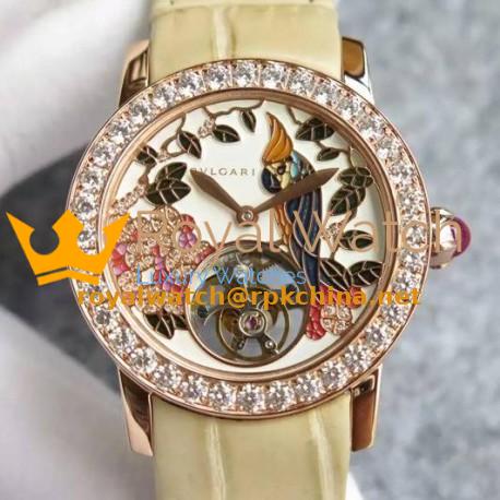 Replica Bvlgari Il Giardino Tropicale Rose Gold & Diamonds Parrot Dial Cream Leather Strap Swiss Tourbillon
