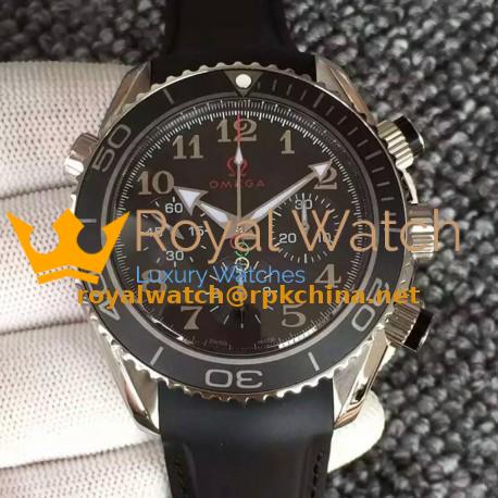 Replica Omega Seamaster Planet Ocean Chronograph Olympics Stainless Steel Black Dial Black Rubber Strap Swiss 7750