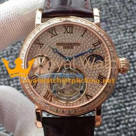 Replica Patek Philippe Tourbillon Moonphase Power Reserve Rose Gold Diamonds Dial Swiss Tourbillon