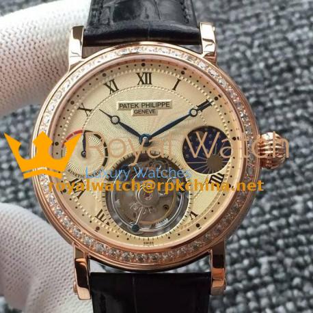 Replica Patek Philippe Tourbillon Moonphase Power Reserve Rose Gold & Diamonds Gold Dial Swiss Tourbillon