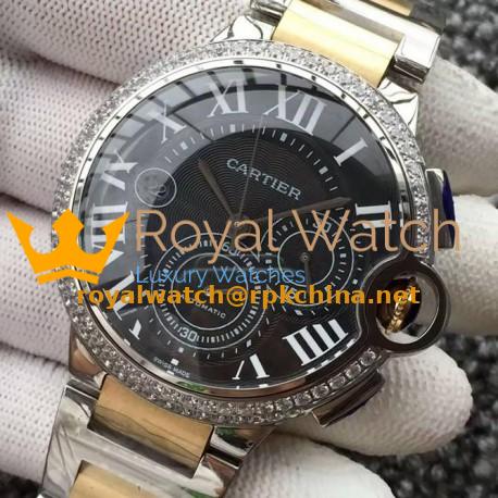Replica Cartier Ballon Bleu Chronograph Stainless Steel & Diamonds Black Dial Swiss 7750