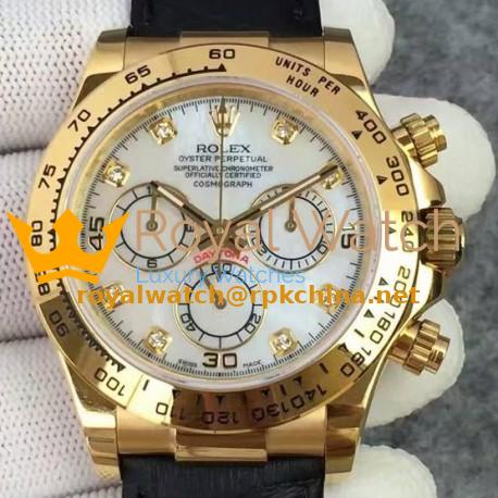 Replica Rolex Daytona Cosmograph 116518 JH Yellow Gold Diamonds & Pearl Dial Swiss 4130 Run 6@SEC