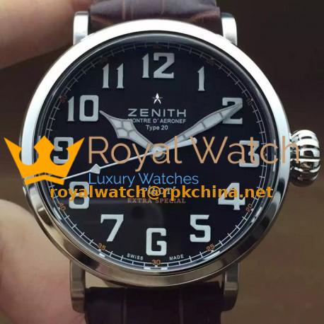 Replica Zenith Pilot Extra Special SS/LE Black Dial on Brown Leather Strap