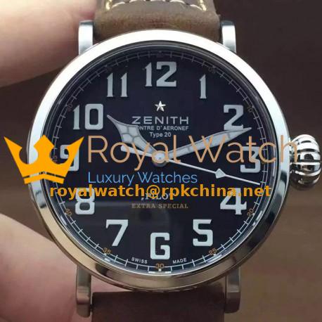 Replica Zenith Pilot Extra Special SS/LE Black Dial on Leather Strap
