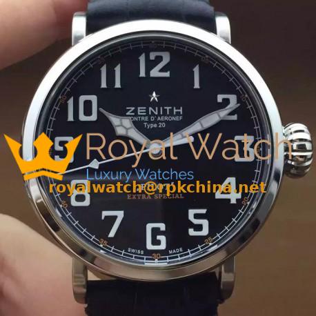 Replica Zenith Pilot Extra Special SS/LE Black Dial on Black Leather Strap
