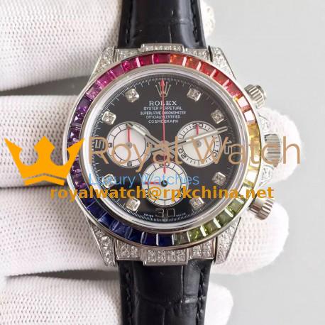 Replica Rolex Daytona Cosmograph 116599 Rainbow Stainless Steel & Diamonds Black Dial Swiss 7750 Run 6@SEC