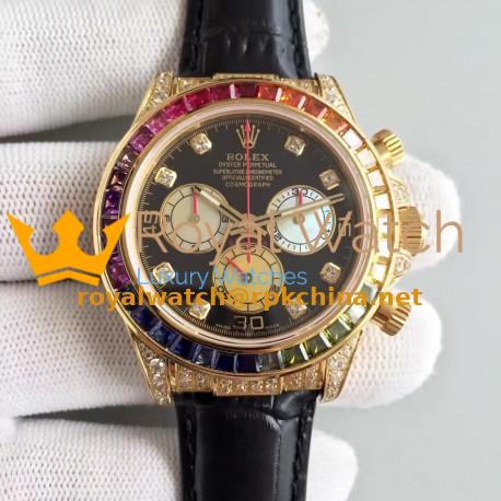 Replica Rolex Daytona Cosmograph 116598 Rainbow Yellow Gold & Diamonds Black Dial Swiss 7750 Run 6@SEC