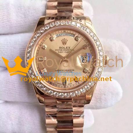 Replica Rolex Day-Date II 218235 41MM KW Rose Gold & Diamonds Gold Dial Swiss 3255