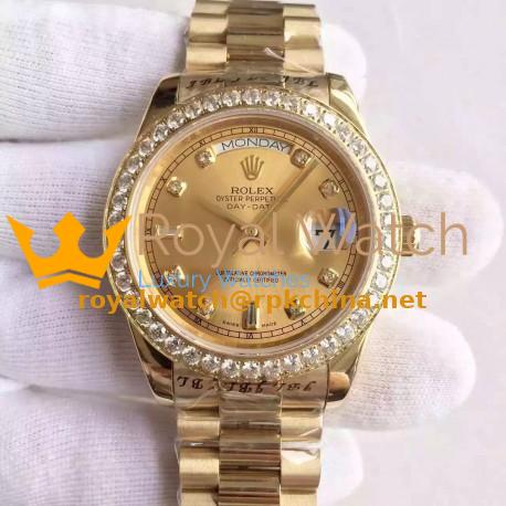 Replica Rolex Day-Date II 218348 41MM KW Yellow Gold & Diamonds Champagne Dial Swiss 3255