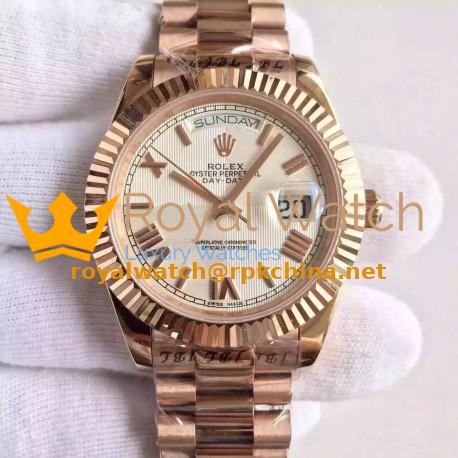 Replica Rolex Day-Date 40 228235 40MM KW Rose Gold Silver Quadrant Dial Swiss 3255