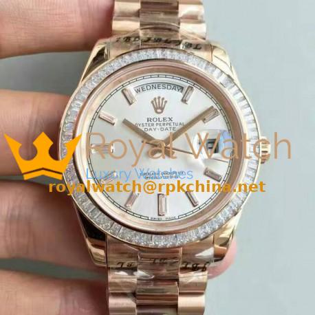 Replica Rolex Day-Date 40 228235 40MM KW Rose Gold & Diamonds Sundust Dial Swiss 3255