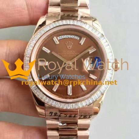 Replica Rolex Day-Date 40 228235 40MM KW Rose Gold & Diamonds Chocolate Dial Swiss 3255