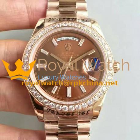 Replica Rolex Day-Date 40 228235 40MM KW Rose Gold & Diamonds Chocolate Dial Swiss 3255