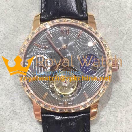 Replica Vacheron Constantin Patrimony Tourbillon Rose Gold & Diamonds Black Dial Swiss Tourbillon