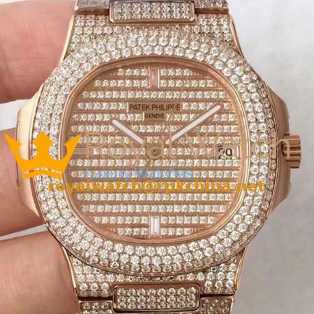 Replica Patek Philippe Nautilus Jumbo 5719/1G-001 DM Rose Gold & Diamonds Diamonds Dial Swiss 324SC