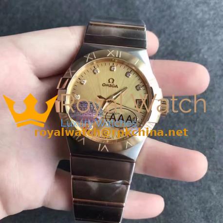 Replica Omega Constellation 123.20.38.21.58.001 38MM V6 Stainless Steel & Yellow Gold Champagne & Diamonds Dial Swiss 8500