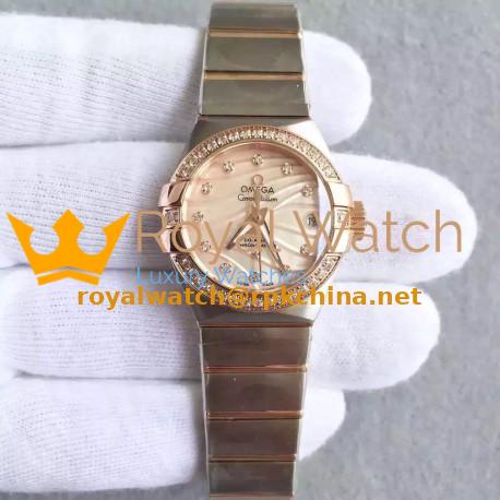 Replica Omega Constellation Ladies 123.25.27.20.57.003 27MM EF Stainless Steel & Rose Gold Red & Diamonds Dial Swiss 8520
