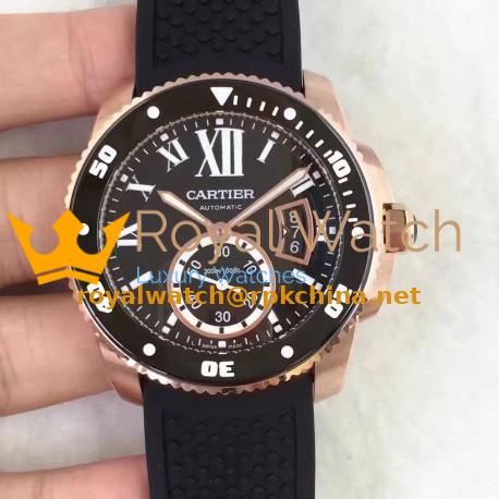 Replica Calibre De Cartier Diver W7100052 42MM TF Rose Gold Black Dial M9015
