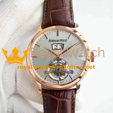 Replica Audemars Piguet Jules Audemars Tourbillon Grande Date 26559 TF Rose Gold Silver Dial Swiss AP Caliber 2909