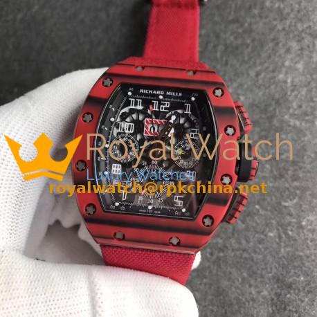Replica Richard Mille RM011 Red QTPT Flyback Chronograph KV Red Forged Carbon Black Skeleton Dial Swiss 7750