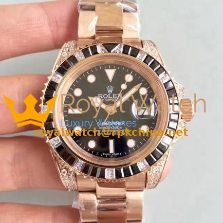 Replica Rolex Submariner Date 116618LN BP Rose Gold & Diamonds Black Dial Swiss 2836-2